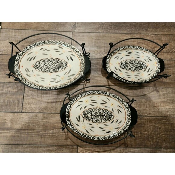3 Temp-tations Old World Blue Ovenware Oval Platters w/ Wire Stand With Handles - Picture 12 of 12